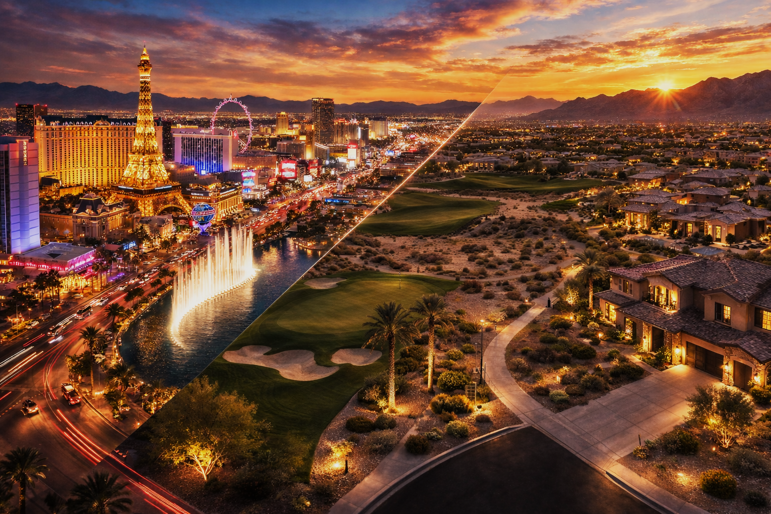 Las Vegas skyline and residential lifestyle image.